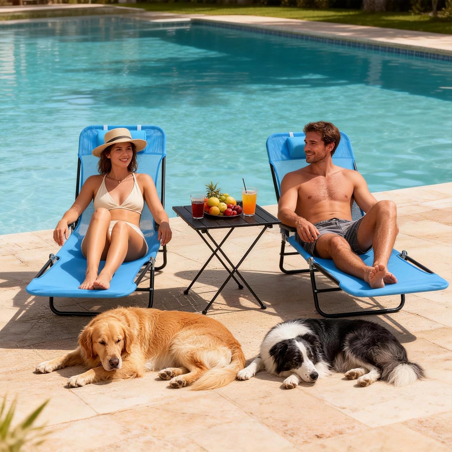 Outdoor Chaise Lounge with Detachable Pillow, Reclining Folding Chair with 5-Position Adjustable Back, Portable Tanning Chair for Beach, Pool, Lawn, Breathable Mesh Seat, No Assembly