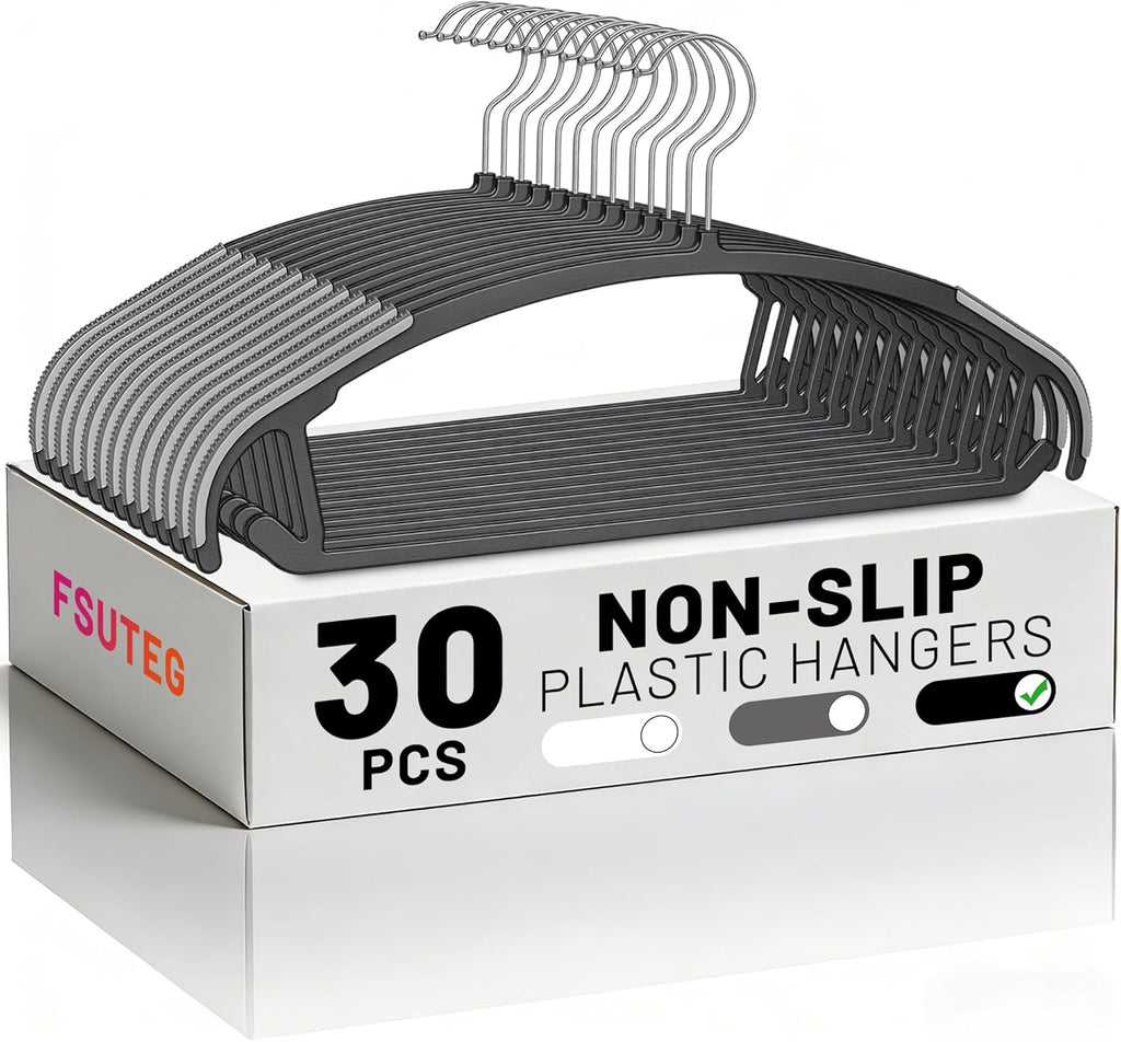 Arc Design No Shoulder Bump Plastic Hangers 30 Pack,Ultra Thin Non-Slip Hangers for Clothes,Heavy Duty Coats Hangers,360°Swivel Silver Hook,Space Saving Closet Organizer-(Black)