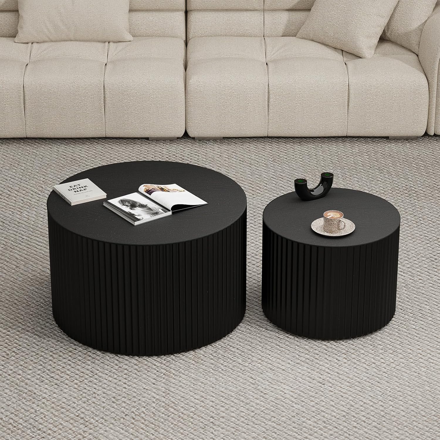 Round Wood Coffee Table Set of 2 Modern Round Fluted Nesting Coffee Tables Handcrafted Wooden Circle Nesting Table for Living Room for Small Space (Black (D27.56+D19.69 inch))