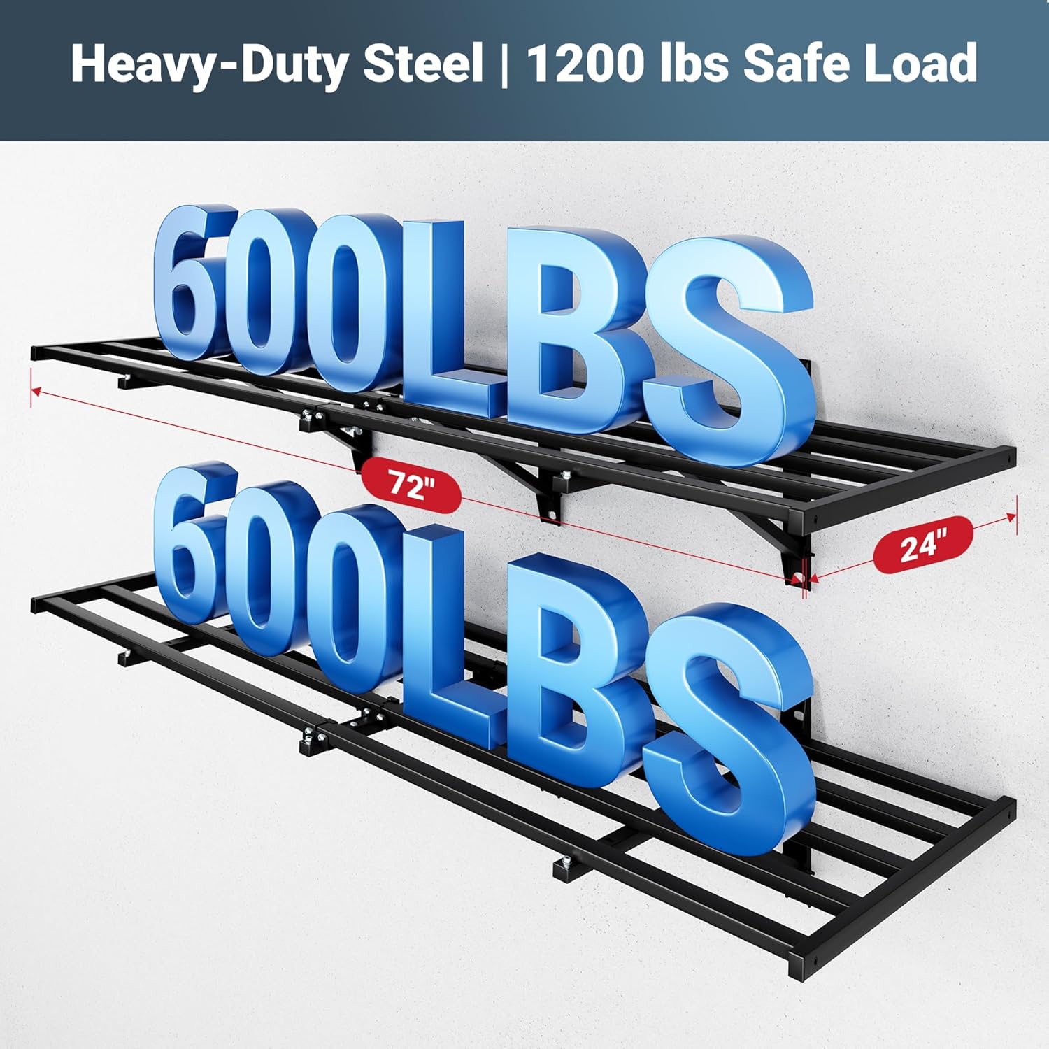 FLEXIMOUNTS 4-Pack 2x6ft Heavy Duty Garage Wall Shelving, 1200lbs Capacity, Garage Shelving Wall Mounted with 8 Hooks, Storage for Power Tools, Garden Supplies, Storage Bins, Lite Series