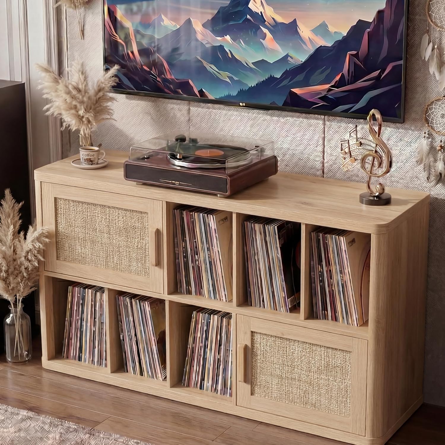 LELELINKY Large Record Player Stand - 39.5" Record Cabinet with Open Vinyl Storage Holds up to 400 Albums, Bohemian Vinyl Player Table with Rattan Doors, Turntable Stand for Living Room, Natural Oak