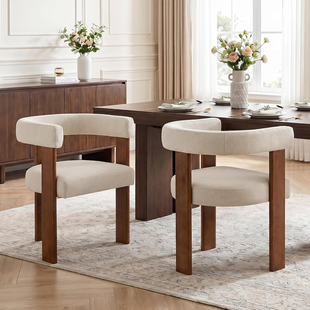 Usaint Wooden Barrel Dining Chairs Set of 4, Mid-Century Modern Upholstered Dining Room Chairs with Walnut Wood Legs and Loop Back, Comfy Accent Arm Chair for Dining Room, Kitchen, Living Room, Beige