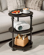 Small Round Side Table - 3 Tier Accent End Table for Narrow Spaces, Sturdy Metal Frame with Wood Finish and 44 Lbs Capacity per Shelf, Nightstand or Bedside Use for Living Room, Black