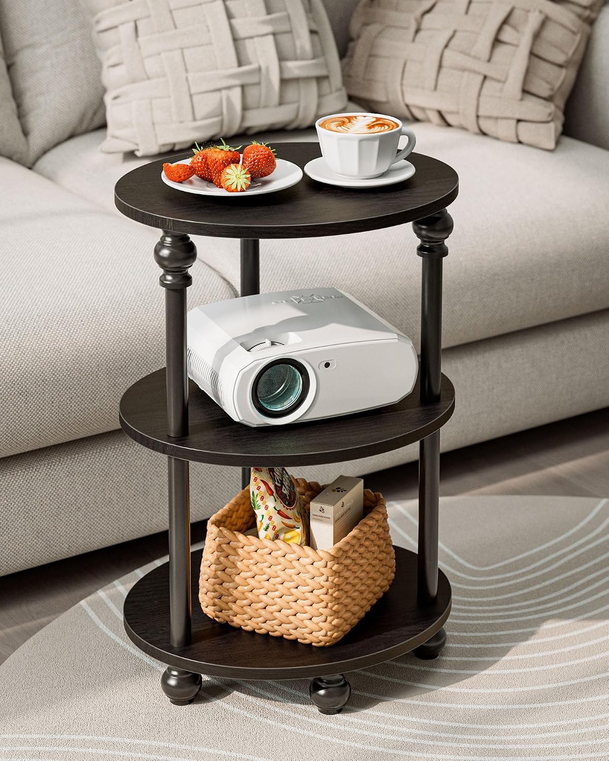 Small Round Side Table - 3 Tier Accent End Table for Narrow Spaces, Sturdy Metal Frame with Wood Finish and 44 Lbs Capacity per Shelf, Nightstand or Bedside Use for Living Room, Black