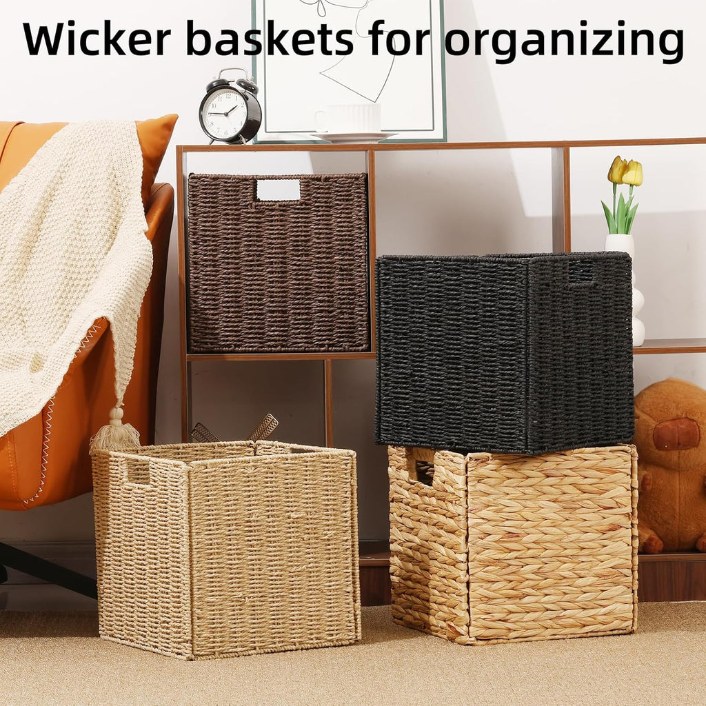 Water Hyacinth Storage Basket, Set of 2 Hand-Woven Wicker Baskets, Foldable Cube Storage Bins, Wicker Cube Laundry Organizer, Square Baskets for Organizing Shelves Decor, 12x12x12in