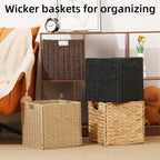 Water Hyacinth Storage Basket, Set of 2 Hand-Woven Wicker Baskets, Foldable Cube Storage Bins, Wicker Cube Laundry Organizer, Square Baskets for Organizing Shelves Decor, 12x12x12in