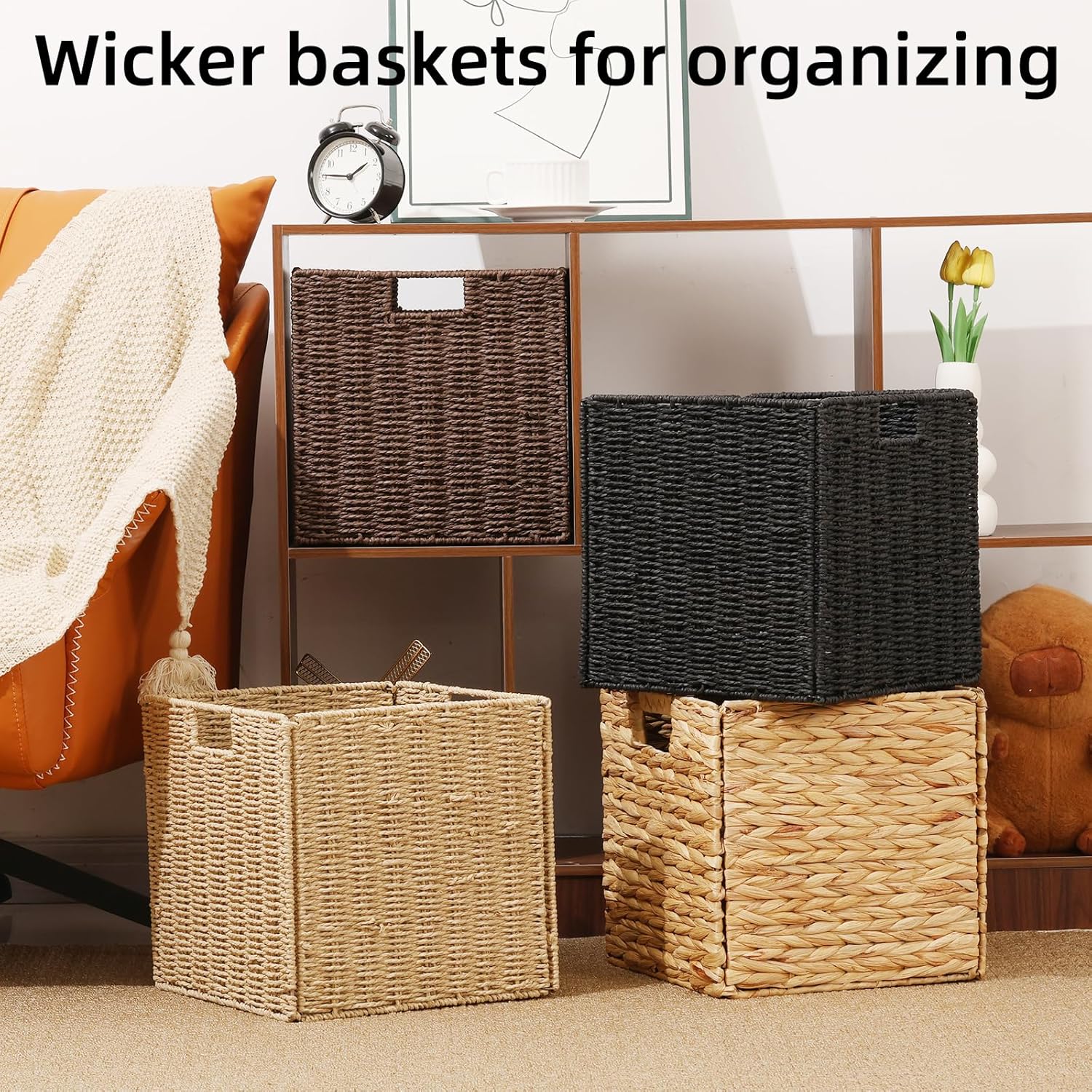 Water Hyacinth Storage Basket, Set of 2 Hand-Woven Wicker Baskets, Foldable Cube Storage Bins, Wicker Cube Laundry Organizer, Square Baskets for Organizing Shelves Decor, 12x12x12in