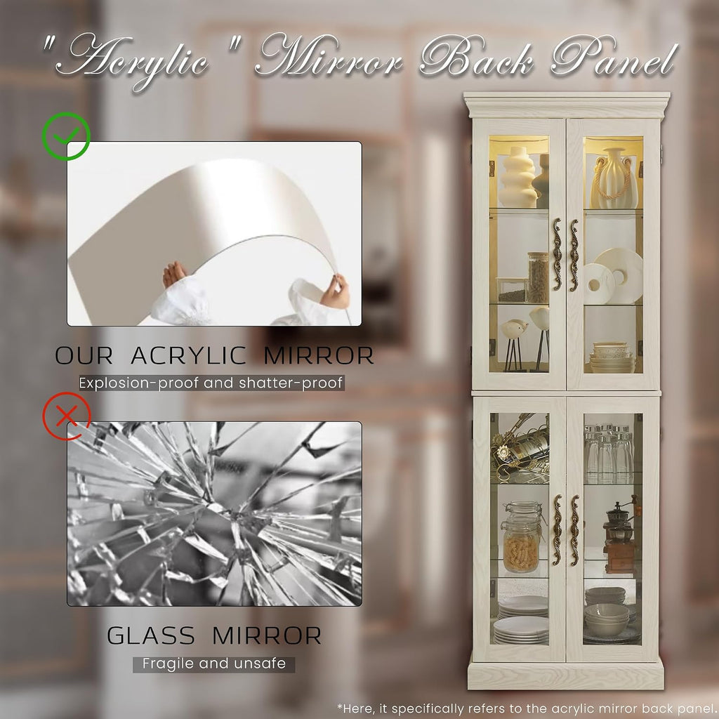Lighted Curio Cabinet 71" Vintage Glass Display Case with Adjustable Shelves, 4 Tempered Glass Doors, Bulb Included, Wooden Wine Bar China Cabinet for Living Room Liquor Storage (Antique White)