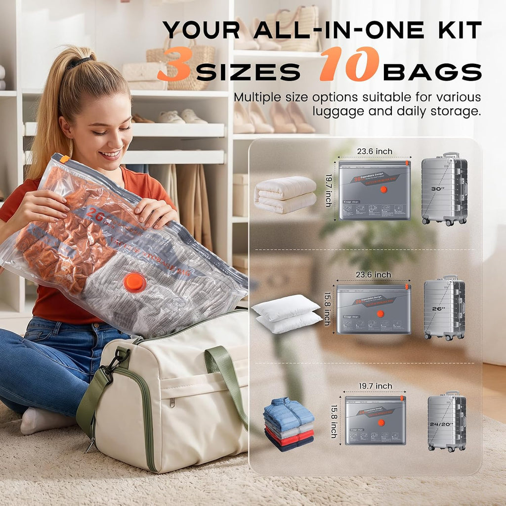Vacuum Storage Bags for Travel & Home with Rechargeable Cordless Air Pump, Space Saver Compression Bags for Luggage & Suitcase, Fast Vacuum Seal for Clothes, Bedding, Seasonal Storage, 10 Combo Set