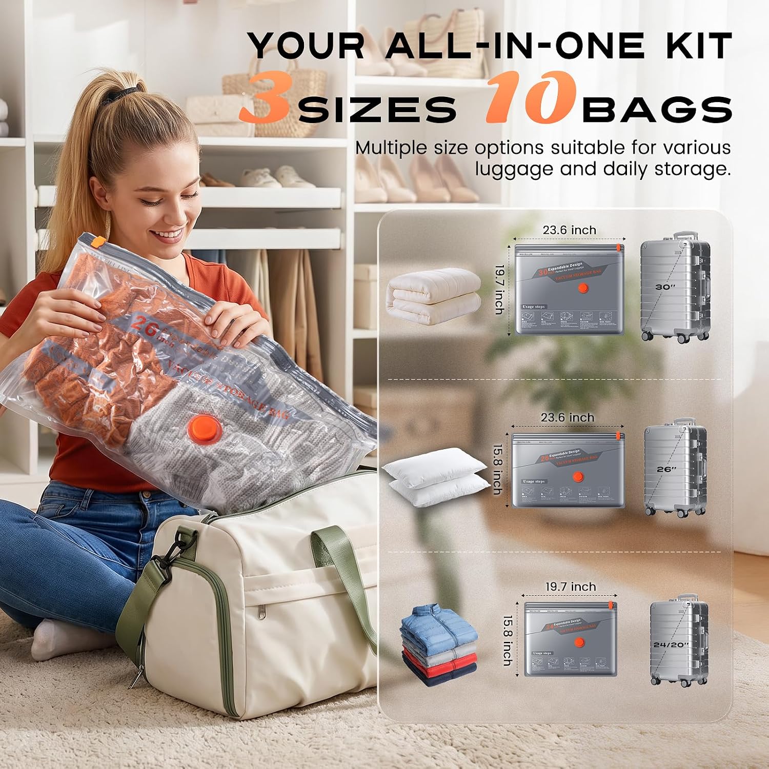 Vacuum Storage Bags for Travel & Home with Rechargeable Cordless Air Pump, Space Saver Compression Bags for Luggage & Suitcase, Fast Vacuum Seal for Clothes, Bedding, Seasonal Storage, 10 Combo Set