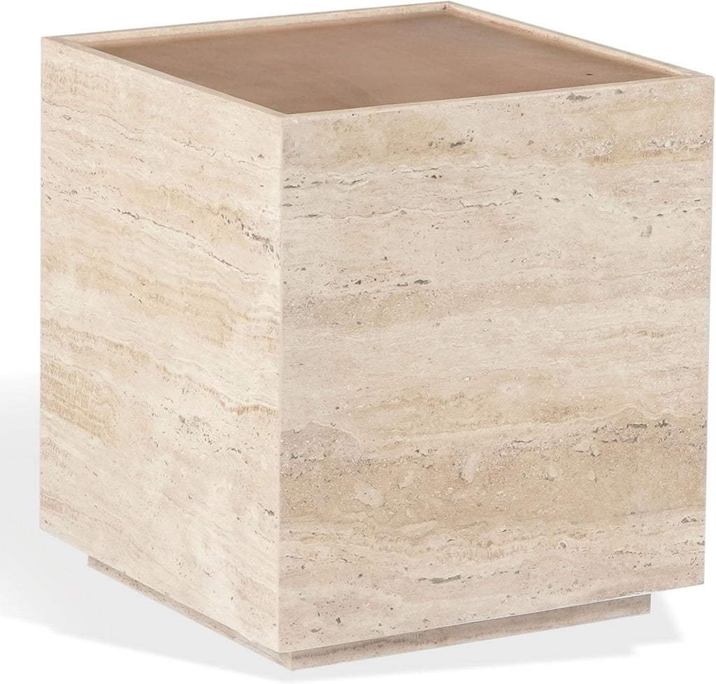 SAFAVIEH Couture - Leslianne Square Accent Table - Natural Solid Wood Top & Travertine - Modern Pillar Design - Fully Assembled for Living Room, Bedroom & Entryway, 16" W x 16" D x 18" H (SFV5779A)