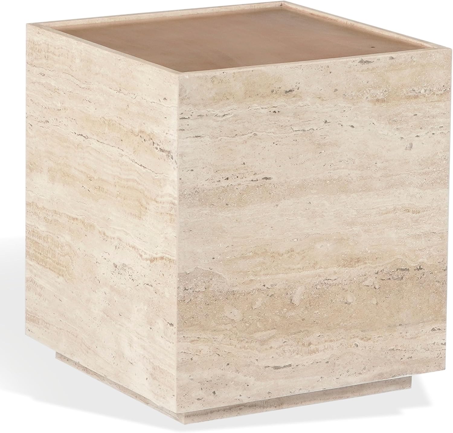 SAFAVIEH Couture - Leslianne Square Accent Table - Natural Solid Wood Top & Travertine - Modern Pillar Design - Fully Assembled for Living Room, Bedroom & Entryway, 16" W x 16" D x 18" H (SFV5779A)