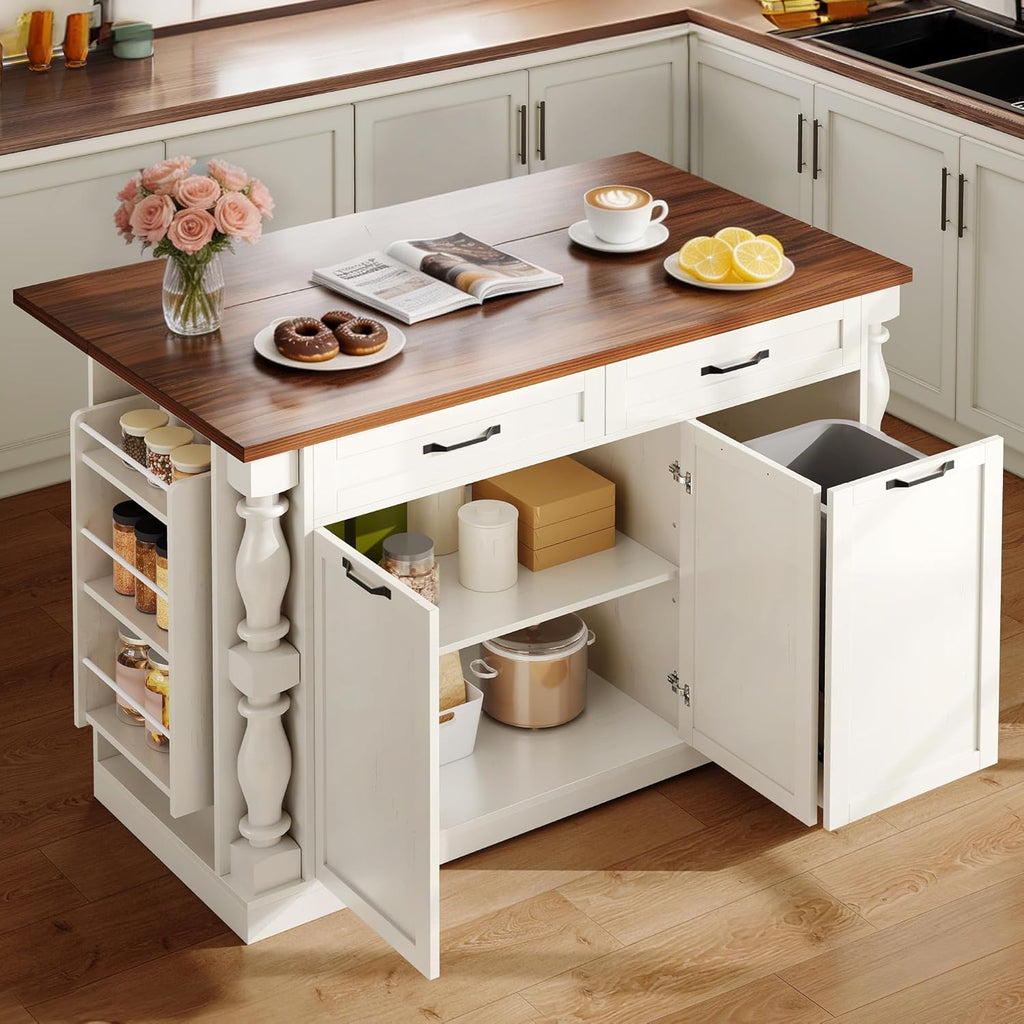 Kitchen Island with Power Outlet & Trash Cabinet, 47.6" Roman Style Rolling Kitchen Island with Drop Leaf Tabletop 11.8", Kitchen Cart with Spice Rack & Drawers & Cabinets Coffee Bar Station