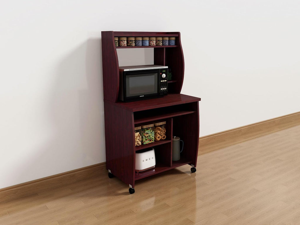 66" Tall Kitchen Pantry Cabinet with Open Shelves & Microwave Stand, Rolling Cupboard Credenza Bufffet Cabinet, Freestanding Kitchen Hutch Bufffet Server,Mahogany