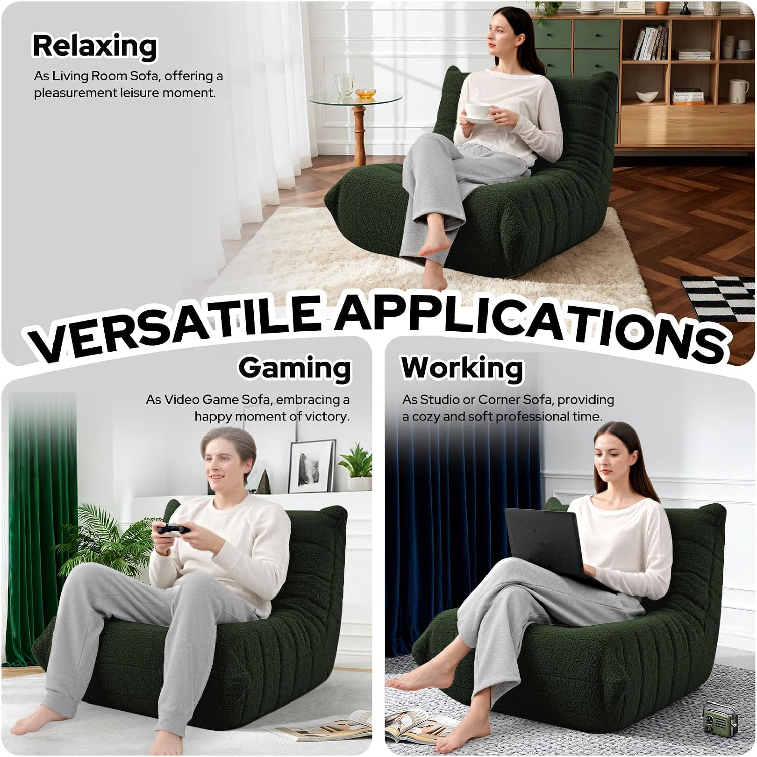 HABUTWAY Bean Bag Chairs Fireside Lazy Floor Sofa, Soft Teddy Fleece Bean Bag Sofa with High-Resilience Foam Filling，Beanbag for Living Room, Bedroom, Office (Green Teddy)