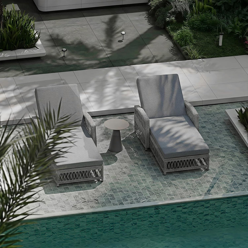 SoarFlash Wicker Chaise Lounge Set of 2, Outdoor Patio Lounge Chair with Adjustable Backrest, Side Shelf and Cushions for Poolside, Garden, Yard, Grey
