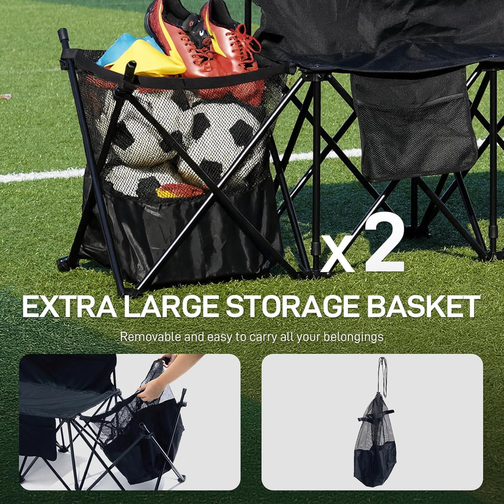 EVER ADVANCED 6 Seats Folding Soccer Team Bench with Carry Bag, Portable Soccer Sideline Chairs with Side Storage Basket, Sports Football Seating for Camping & Outdoor Games Events