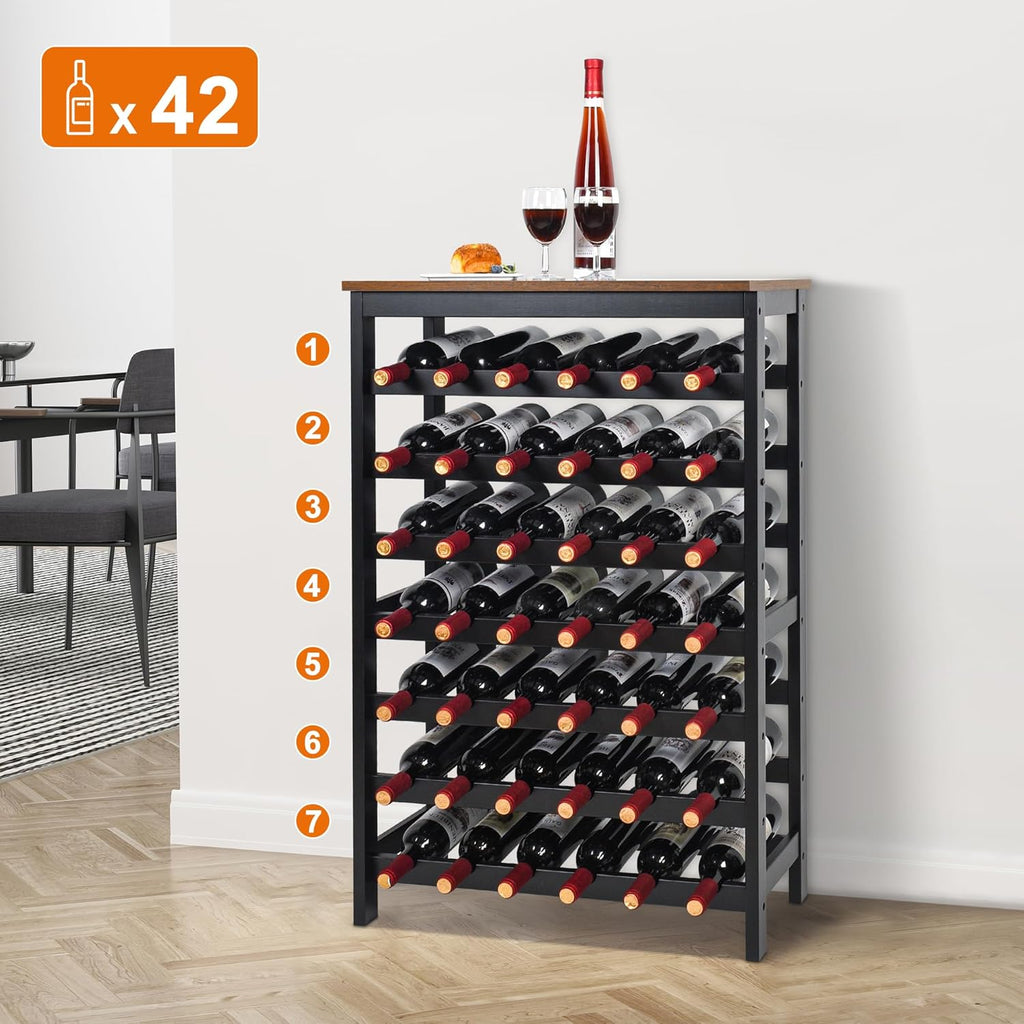 VASMIA 42 Bottles Bamboo Wine Rack,7-Tier Wine Rack Freestanding Floor with Table Top, Wine Storage Shelf for Kitchen Dining Room Bar,Rustic Brown and Black