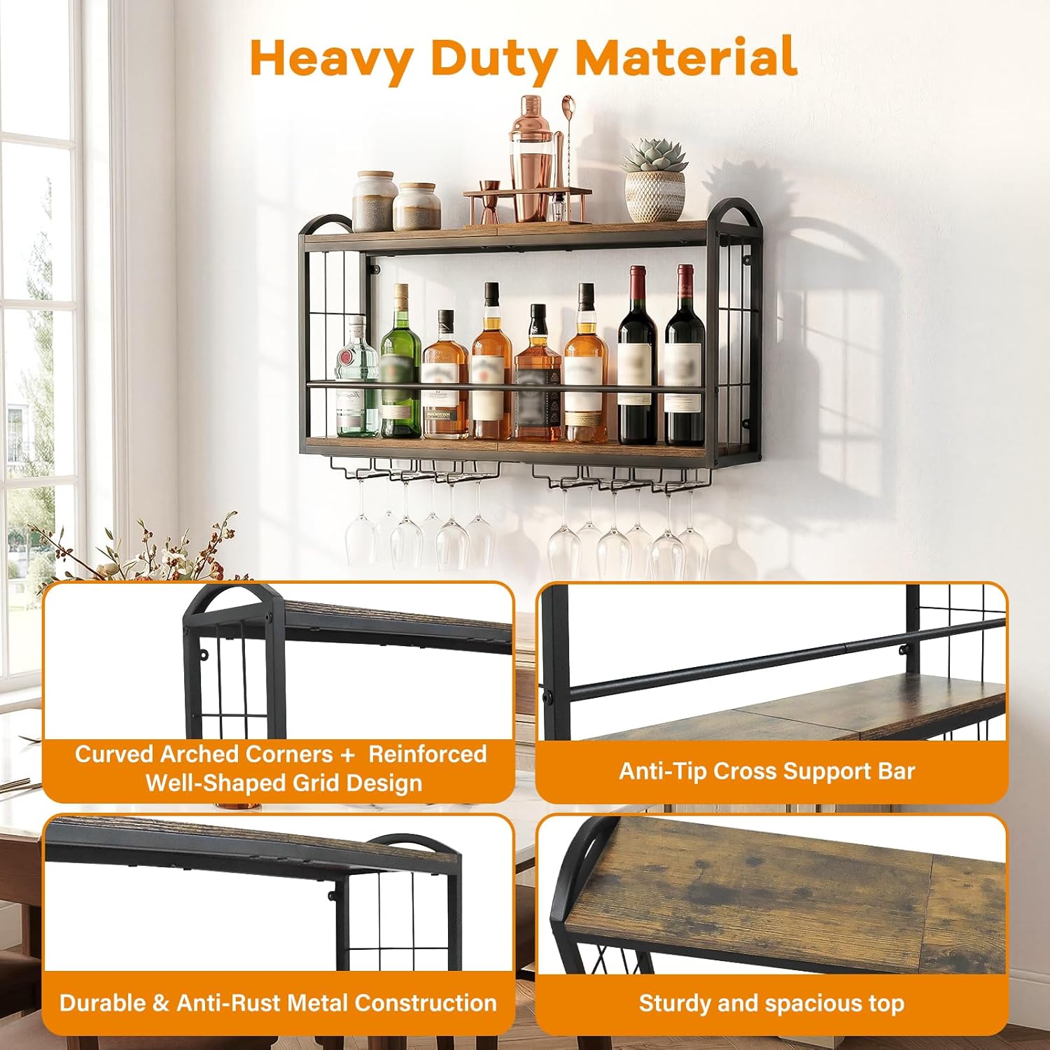 Wall Mounted Wine Rack, Floating Bar Shelf with 2 Tier Wood Shelves and Wine Glass Holder, Rustic Industrial Wine Storage Organizer for Kitchen Dining Room Home Bar (Model B)