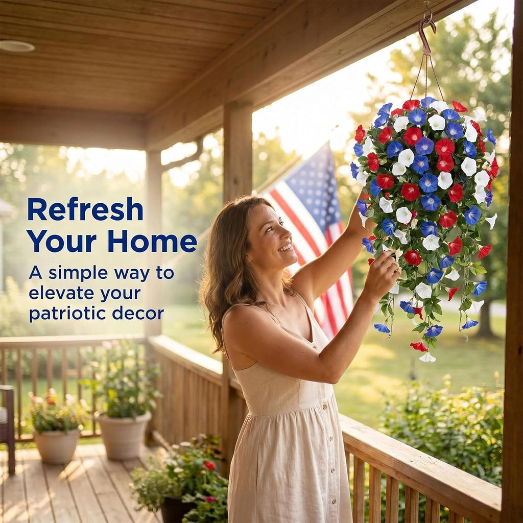 Patriotic Hanging Flower Baskets, Red White and Blue Hanging Flowers, Anniversary Porch Decor, 2026 New Artificial Hanging Plants Red White and Blue, for Veterans Memorial Day Patio Garden Home