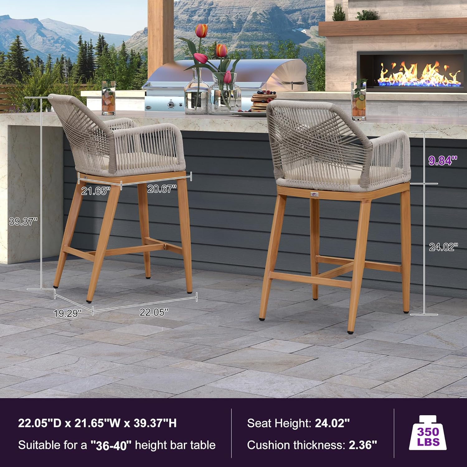 PURPLE LEAF Patio Sunbrella Counter Height Bar Stools 24" H Set of 4 Modern Rattan Outdoor Bar Chairs Wicker Barstools with High Arms Backs for Outside Island Kitchen Backyard Teak