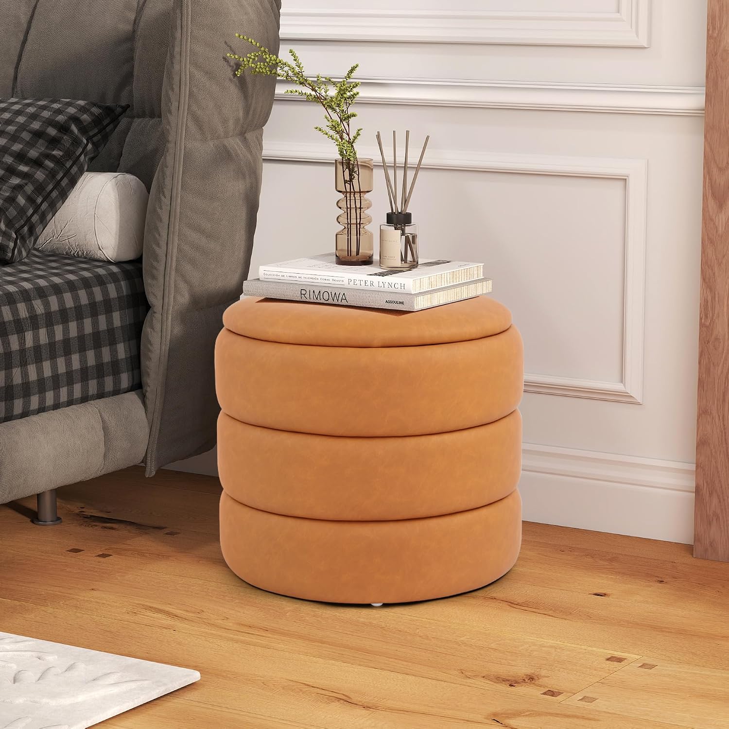 DAGONHIL Round Ottoman with Storage, PU Leather Footrest, Hidden Storage Ottoman Stool,Vanity Stool for Bedroom, Living Room, Entryway, Brown