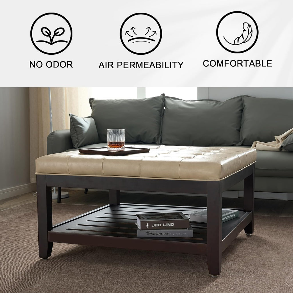 adochr 33'' PU Leather Large Square Ottoman Coffee Table with Storage, Upholstered Button Tufted Footrest Ottoman with Solid Wooden Tray,Coffee Table for Living Room,Ivory