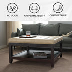 adochr 33'' PU Leather Large Square Ottoman Coffee Table with Storage, Upholstered Button Tufted Footrest Ottoman with Solid Wooden Tray,Coffee Table for Living Room,Ivory