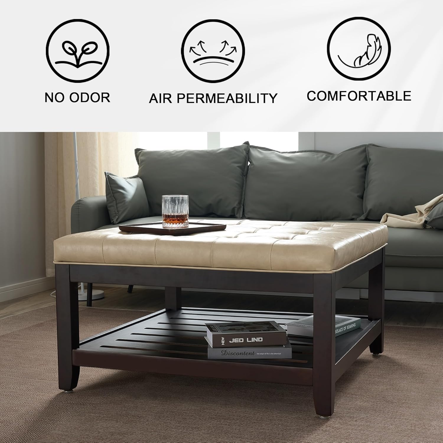 adochr 33'' PU Leather Large Square Ottoman Coffee Table with Storage, Upholstered Button Tufted Footrest Ottoman with Solid Wooden Tray,Coffee Table for Living Room,Ivory
