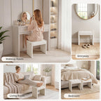 LUE BONA Modern Grid Tufted Vanity Bench Stool, 4.33'' Thick Chenille Upholstered Ottoman Footstool for Makeup Room, Bedroom & Living Room, 200lbs Capacity, White