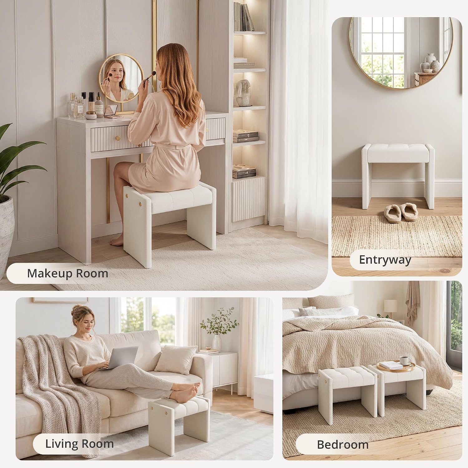 LUE BONA Modern Grid Tufted Vanity Bench Stool, 4.33'' Thick Chenille Upholstered Ottoman Footstool for Makeup Room, Bedroom & Living Room, 200lbs Capacity, White