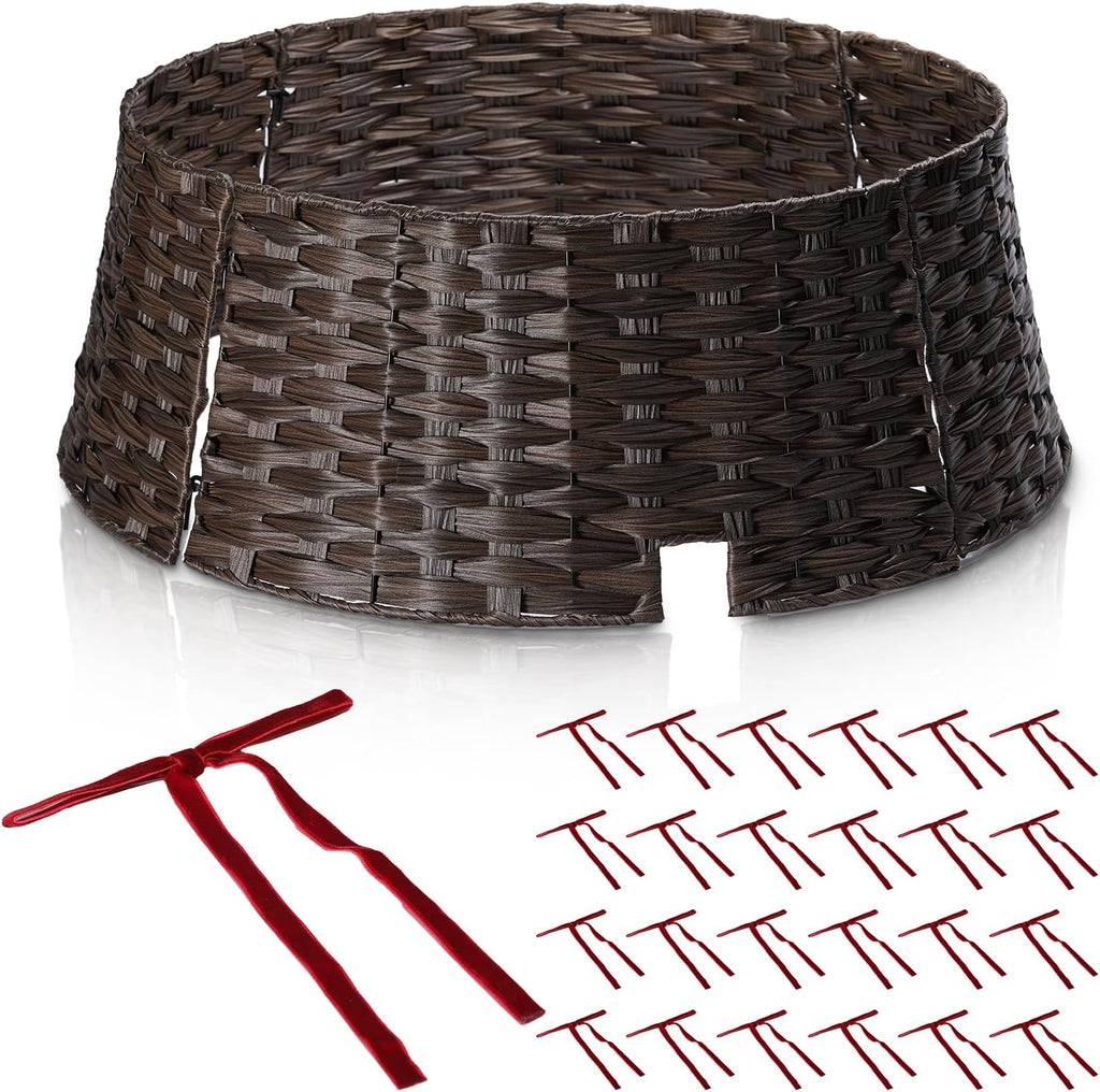 28" Christmas Tree Collar for Pencil Trees with 24Pcs Velvet Christmas Tree Bows,Cord Cut-Out, Basket Tree Skirt Collar Stand for 4.5-9 ft Artificial Trees
