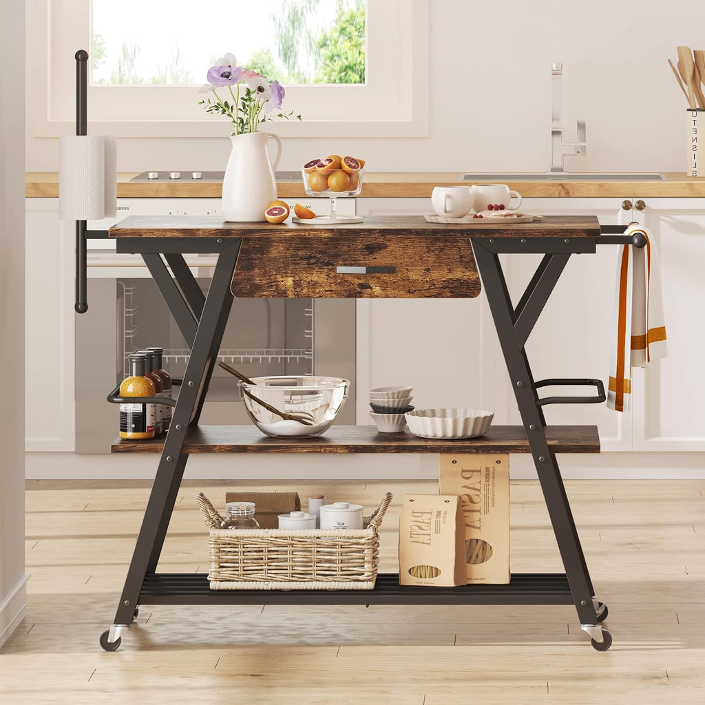 Bestier Coffee Bar Station, Kitchen Island Cart with Storage, Coffee Cart Station with Drawer,Paper Towel Holder and Lockable Wheels, Bar able for Dinning Room Living Room, Rustic Brown