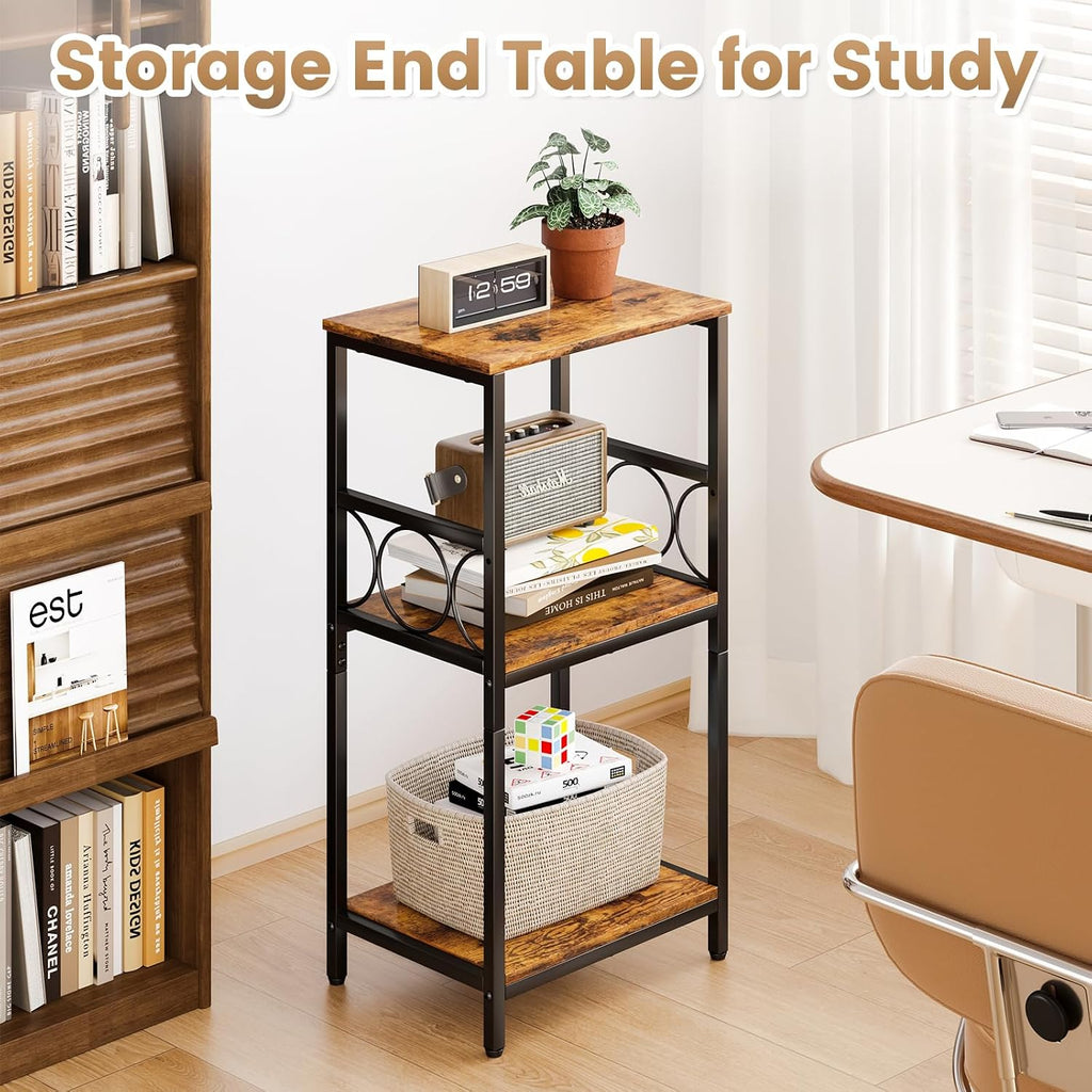 Side Table 3-Tier End Table with Adjustable Shelf Modern Tall Nightstand Small Narrow Accent Table Stand for Living Room Bedroom, Office, Rustic Brown and Black.