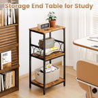 Side Table 3-Tier End Table with Adjustable Shelf Modern Tall Nightstand Small Narrow Accent Table Stand for Living Room Bedroom, Office, Rustic Brown and Black.