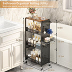 Slim Storage Rolling Cart: 4-Tier Narrow Metal & Wood Utility Cart with Wheels for Kitchen/Laundry/Bathroom(Black)