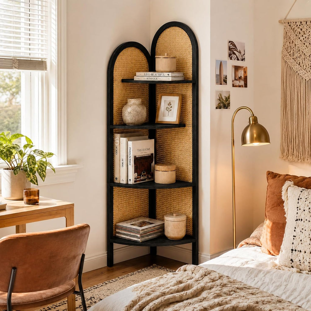 4 Tier Farmhouse Corner Shelf, 70" Tall Pine Wood and Rattan Corner Bookshelf for Small Spaces, Freestanding Display Shelf for Living Room, Bedroom, Bathroom, Kitchen, Black