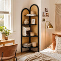 4 Tier Farmhouse Corner Shelf, 70" Tall Pine Wood and Rattan Corner Bookshelf for Small Spaces, Freestanding Display Shelf for Living Room, Bedroom, Bathroom, Kitchen, Black