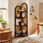 4 Tier Farmhouse Corner Shelf, 70" Tall Pine Wood and Rattan Corner Bookshelf for Small Spaces, Freestanding Display Shelf for Living Room, Bedroom, Bathroom, Kitchen, Black