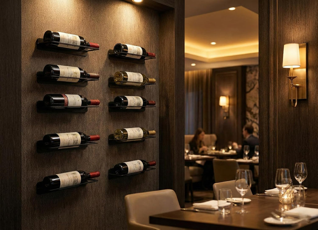 Wall Mounted Metal Wine Rack Single Bottle Holder, 13.4" x 3.3" (34 x 8.5 cm) Modern Floating Wine Display, Space-Saving Black Steel Wine Bottle Shelf for Kitchen, Bar & Dining Room