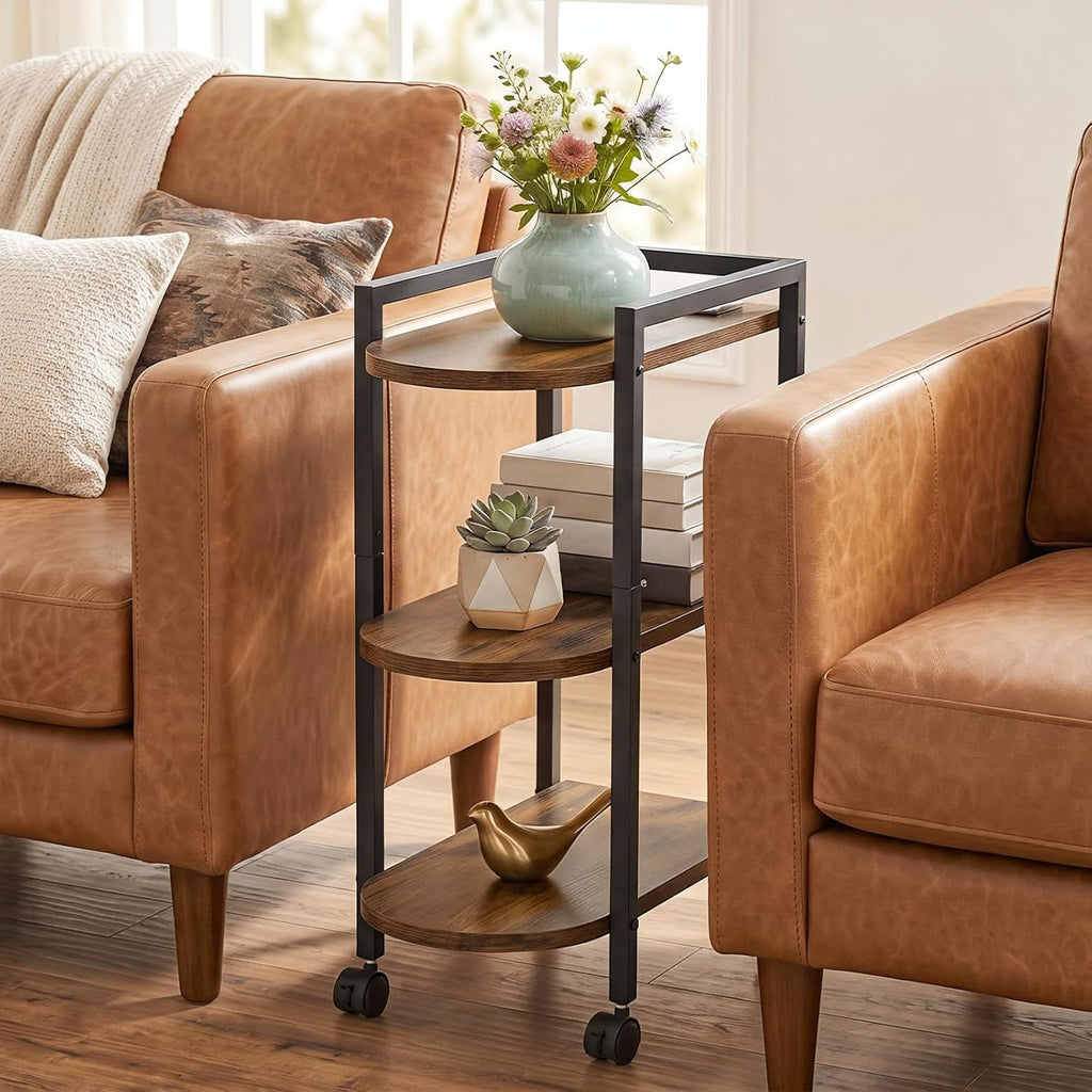 HOOBRO End Table, Rolling Narrow Side Table with Charging Station, with Adjustable Feet and Wheels, Narrow Slim Beside Table for Small Spaces, Living Room, Rustic Brown and Black BF365UBZ01