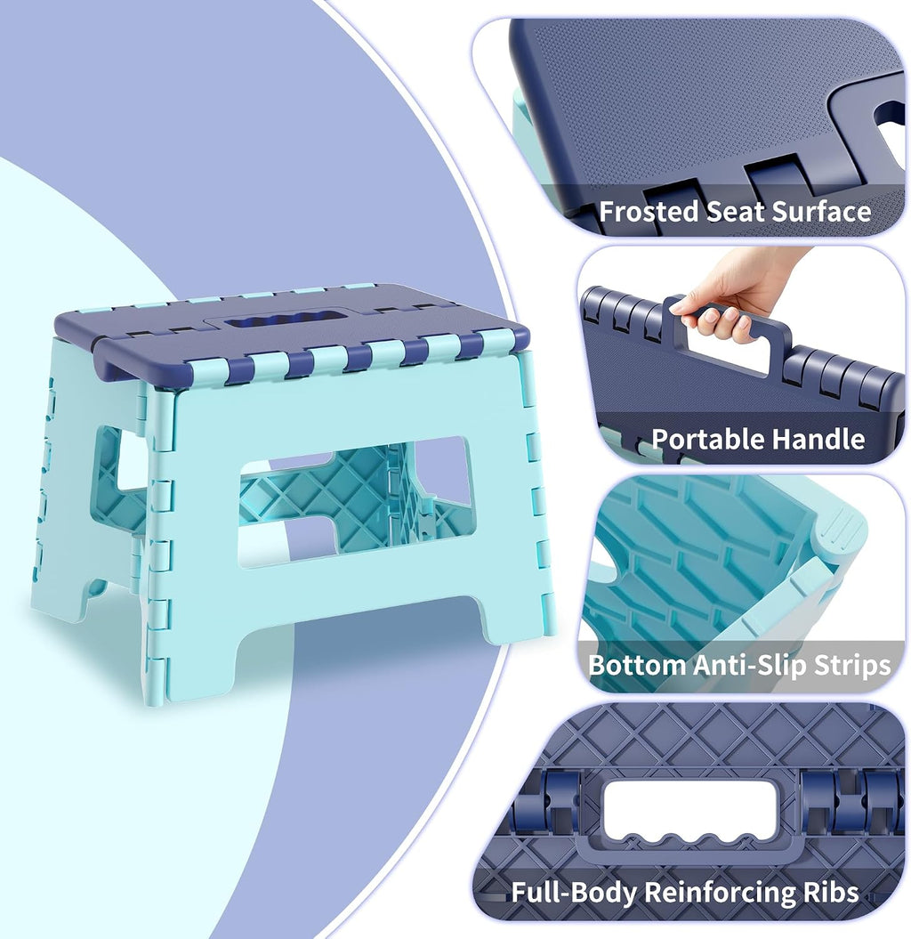 Cetomo 8.5 Inch Folding Step Stool, Plastic Durable Stool, Foldable Kitchen Stool for Adult, Portable Seat for Bedroom, Shelf, Heavy Duty, Blue, 1 Pack