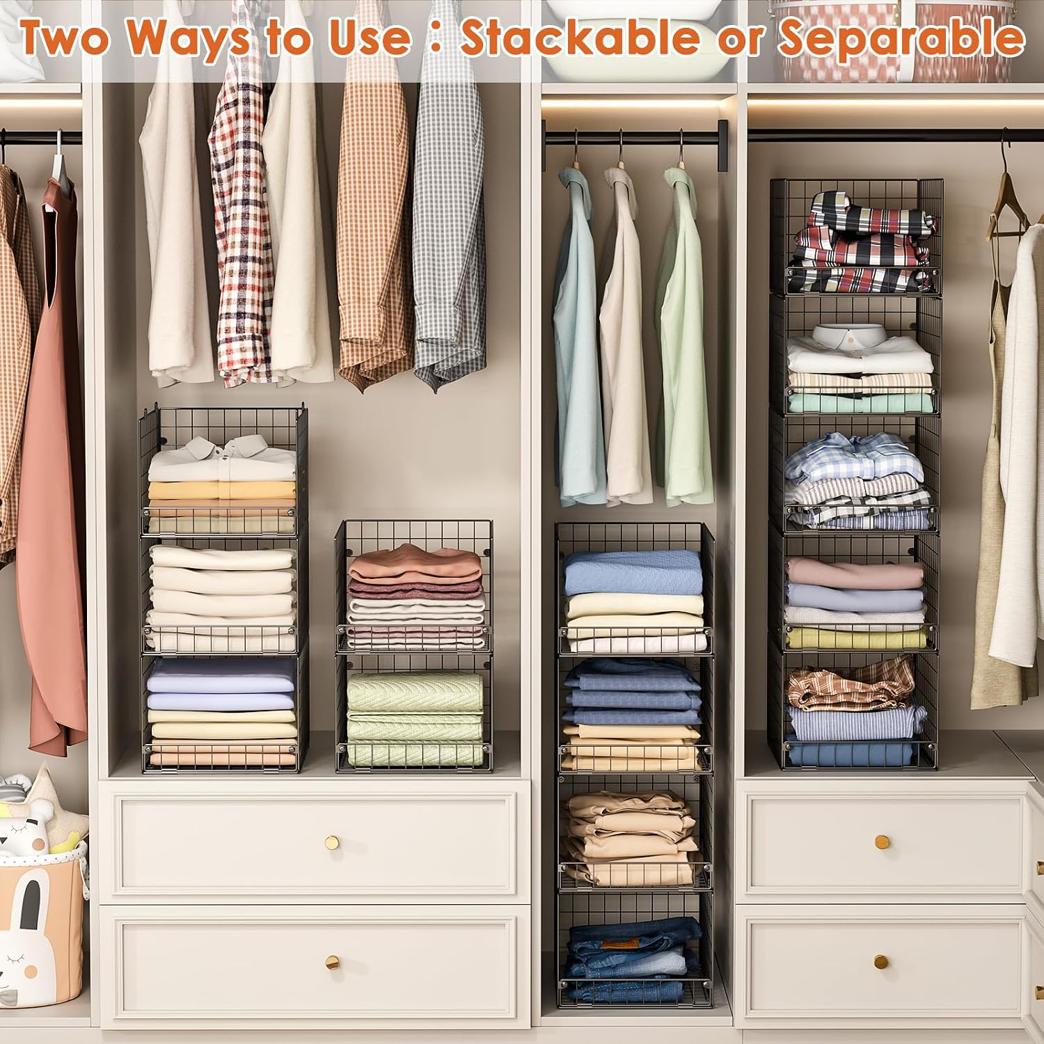 5-Tier Stackable Closet Storage Baskets, Closet Organizers and Storage Shelves, Foldable & Stackable Clothes Storage Bins for Closet System, Closet Shelf Organizer for Home,Black(Patent No. 30022416)