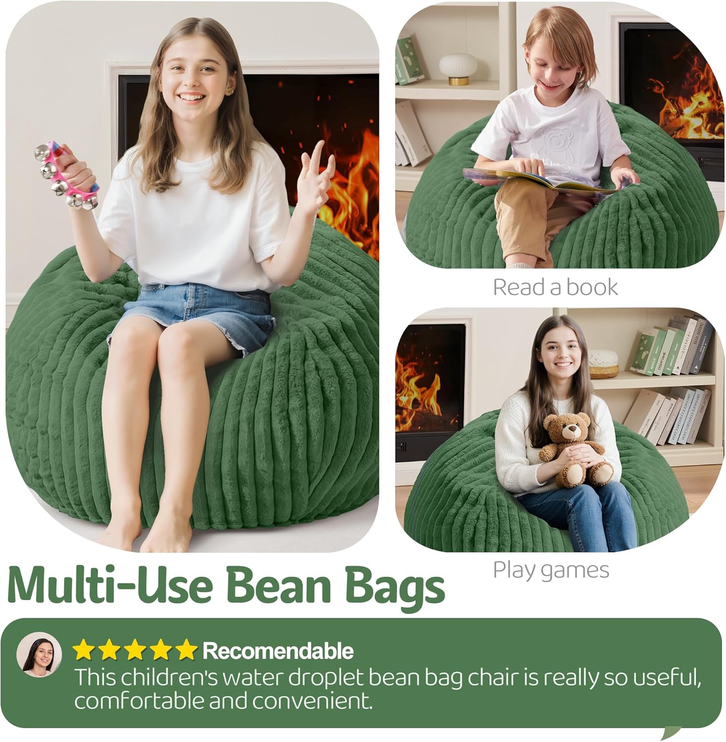 Homguava 2FT Bean Bag Chair, 2' Small Bean Bags with Memory Foam Filled, Beanbag Chairs with Machine Washable Cover Dutch Corded Plush Cover for Classroom,Living Room,Bedroom-Dark Green