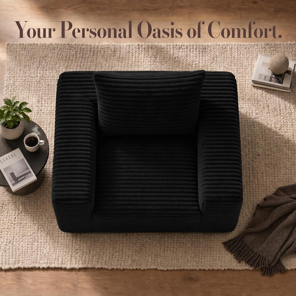 Mini Boneless Single Sofa Chair, Corduroy Cloud Couch with Pillow & Wide Armrests, High-Density Foam Reading Lounge for Living Room & Bedroom – No Assembly Required, Black