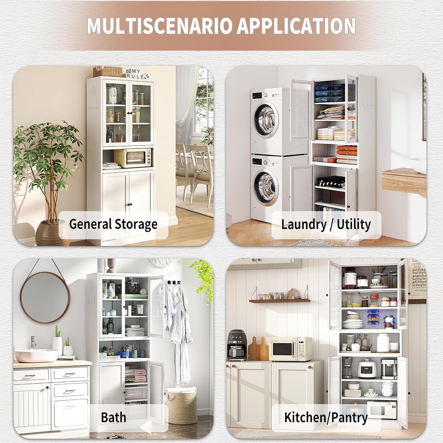 Kitchen Pantry Cabinet, 72" Tall Storage with Adjustable Shelves, Heavy Duty Stainless Steel Frame, Freestanding Cabinet for Kitchen/Pantry/Bathroom