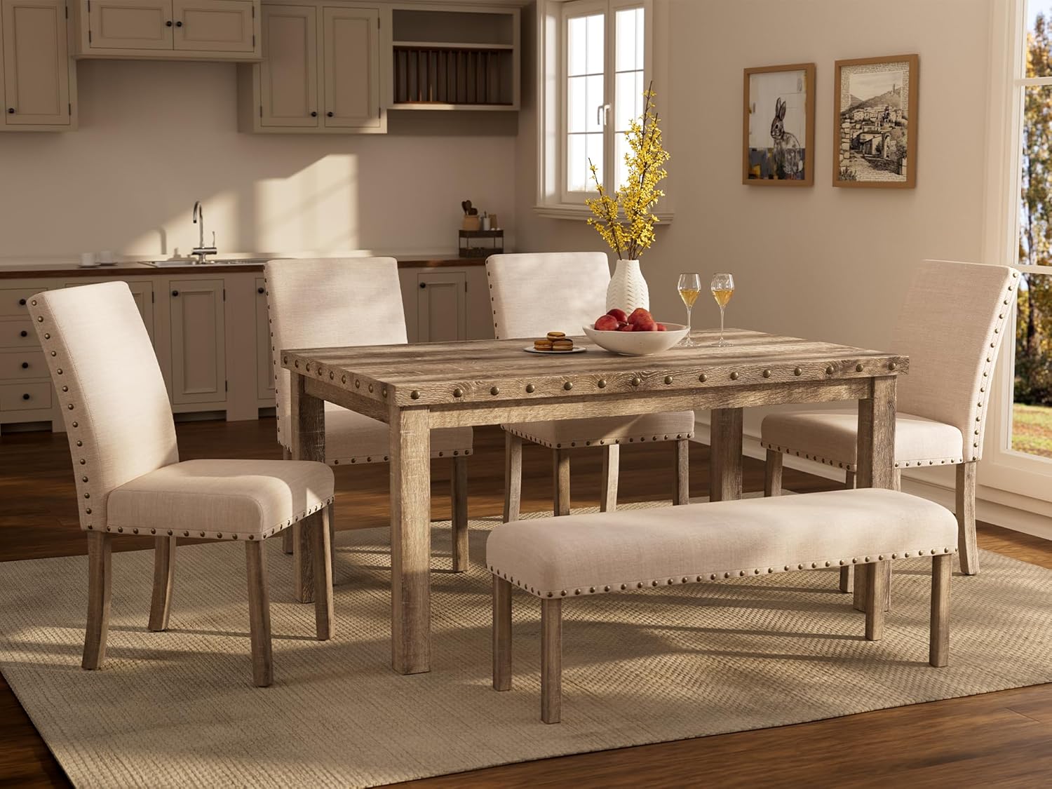Morden Fort Dining Table Set for 6, Farmhouse Wooden Table & Upholstered Bench & 4 Dining Chairs, Kitchen Dining Set with Nailhead Accents, Rectangular Table Sets for 6 for Kitchen/Dining Room