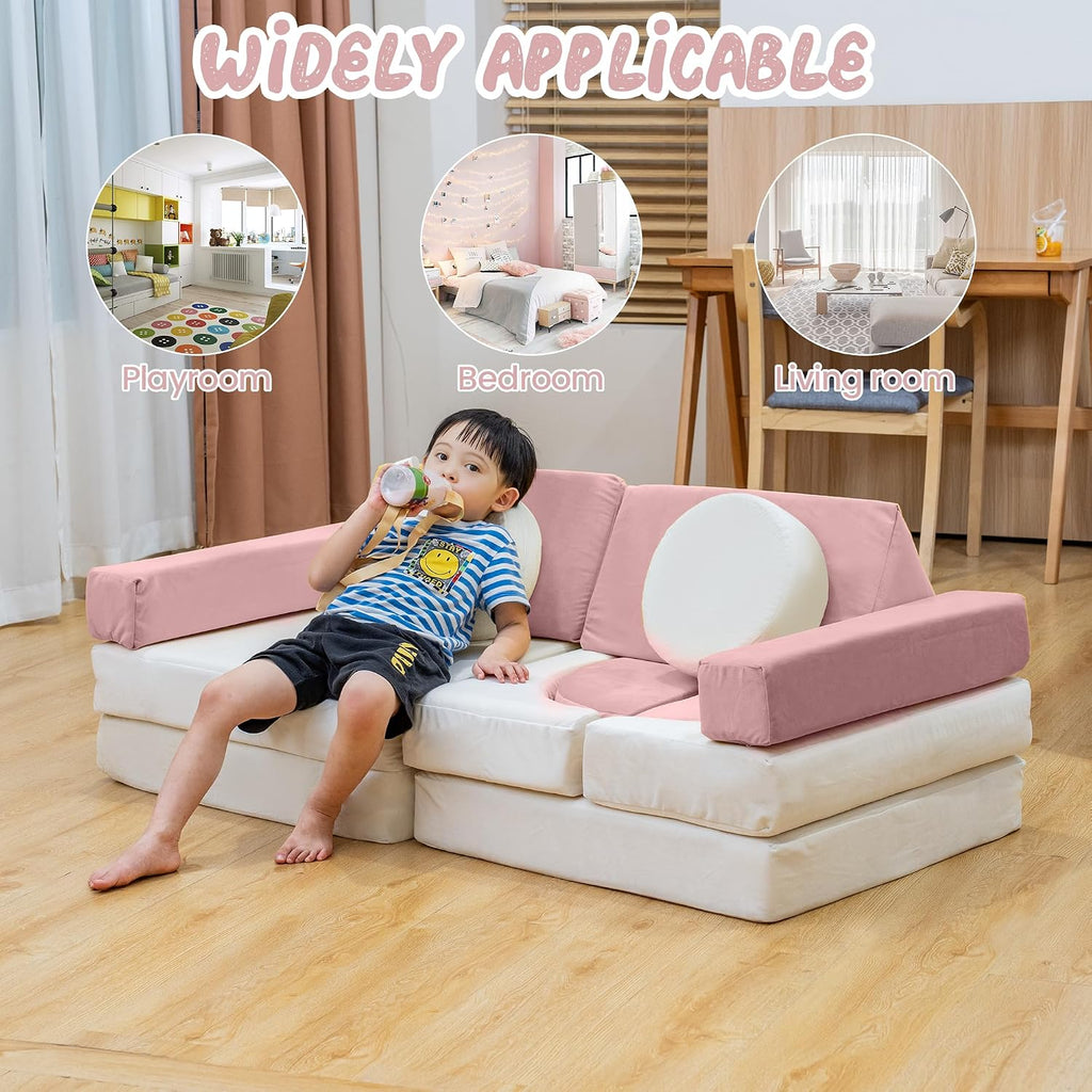 13PCS Modular Kids Play Couch with Washable Velvet Cover, Modular Couch for Boys and Girls, Convertible Foam and Floor Cushion for Nursery Playroom, Pink & Beige