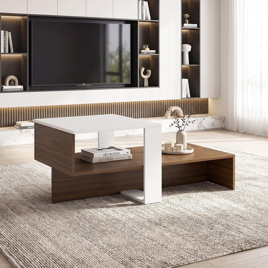 Giantex Small Coffee Table with Storage, 31.5" Wood Unique Center Table with 2-Tier Shelf, Low Accent Cocktail Tea Table, Mid Century Modern Coffee Table for Living Room, Small Spaces, Walnut & White