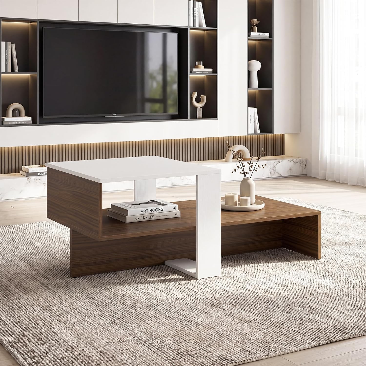 Giantex Small Coffee Table with Storage, 31.5" Wood Unique Center Table with 2-Tier Shelf, Low Accent Cocktail Tea Table, Mid Century Modern Coffee Table for Living Room, Small Spaces, Walnut & White